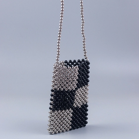 Handmade Woven Acrylic Bead Cell Phone Crossbody Bag Checkerboard Contrast Color Shoulder Bag For Women Fashionable