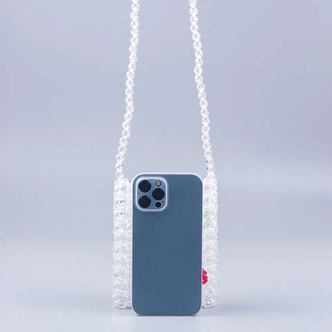 Women Hand-Woven Acrylic Beaded Crossbody Bag Transparent Cherry Pattern Mini Shoulder Pouch Fashionable Accessory