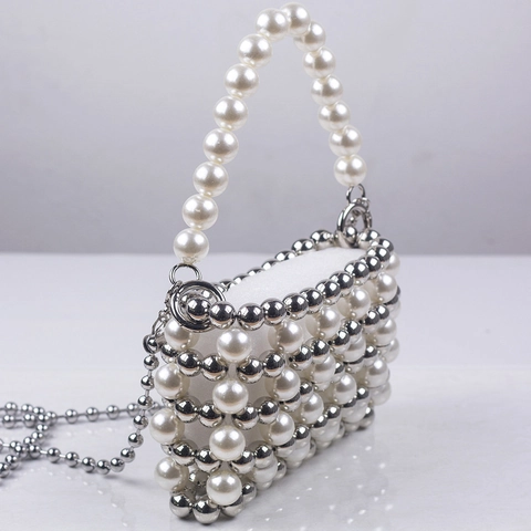 Borsa Da Sera In Künstliche Perle Intrecciate A Mano Elegante Mini Borsa A Tracolla Con Künstliche Perle In Metallo Cinghia A Catena Per Festa