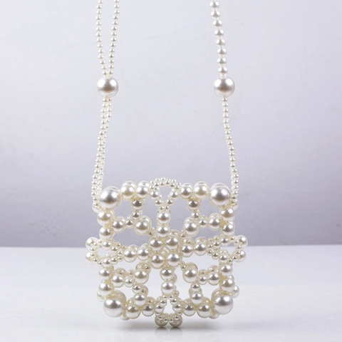 Bolso Bandolera De Perlas Artificiales Hecho A Mano Patrón Floral Calado Mini Bolsa De Teléfono Elegante De Moda Para Mujer