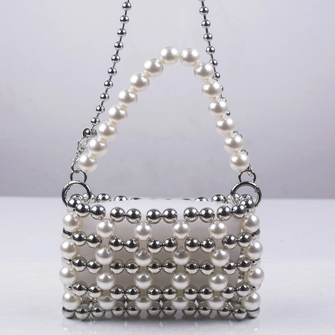 Borsa Da Sera In Künstliche Perle Intrecciate A Mano Elegante Mini Borsa A Tracolla Con Künstliche Perle In Metallo Cinghia A Catena Per Festa