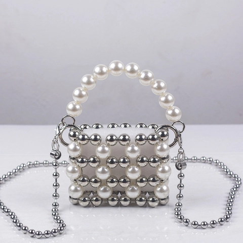 Mini Bolso De Noche Tejido A Mano Perla Artificial Sintética Cuenta De Metal Bolso Bandolera Accesorio De Fiesta Elegante Para Mujer