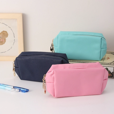 Astuccio in Pelle PU a Grana Incrociata di Grande Capacità Borsa da Trucco Portatile Con Cerniera Dorata per Scuola Ufficio Donna Viaggio