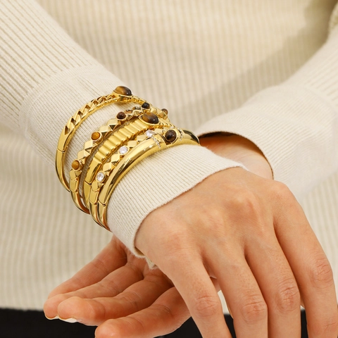 Brazalete De Acero Inoxidable Chapado En Oro De 18K Para Mujer Con Piedra Ojo De Tigre Perla Artificial Joyería Boho