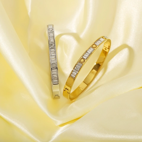 Herz Baguette Zirkonia Armreif Edelstahl 18K Vergoldet Reihen Diamant Eleganter Schmuck Für Damen