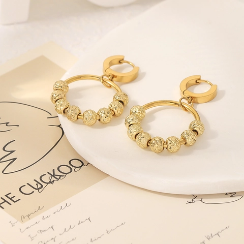 Roestvrijstalen Creolen 18K Verguld Diamantgeslepen Getextureerde Ronde Kralen Geometrische Minimalistische Sieraden Dames