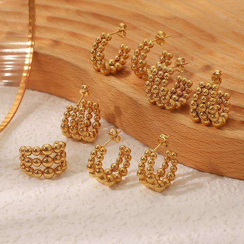 C-Vormige Ronde Kraal Oorbellen 18K Verguld Roestvrij Staal Meerlaagse Metalen Ballen Minimalistisch Design Voor Dames