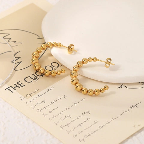 Classic 18K Gold Plated Stainless Steel C Shaped Beaded Stud Earrings Minimalist Fashion Jewelry For Women