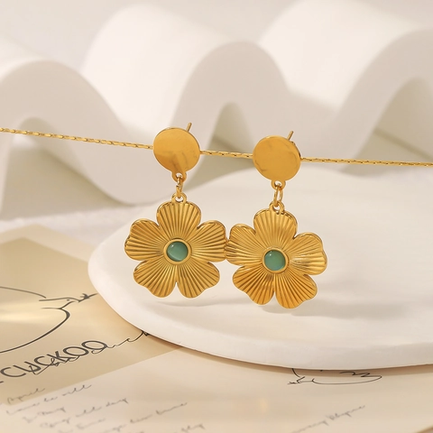 Pendientes De Flor Acero Inoxidable Chapado En Oro De 18K Piedra Ojo De Gato Verde Estilo Palacio Retro Francés Joyería Mujer