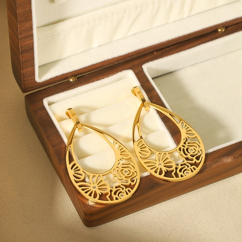 Pendientes Gota De Agua Calados Vintage Acero Inoxidable Chapado En Oro De 18K Rosa Flor Mariposa Estilo Francés Joyas Mujer