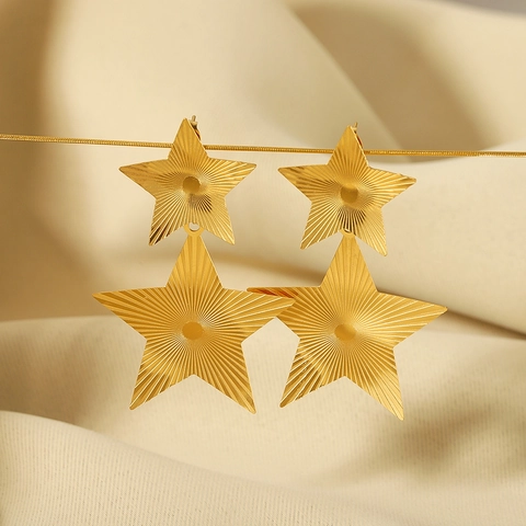 18K Gold Plated Stainless Steel Layered Star Drop Earrings With Radiating Sunburst Texture Minimalist For Women