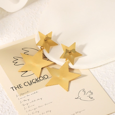18K Gold Plated Stainless Steel Layered Star Drop Earrings With Radiating Sunburst Texture Minimalist For Women