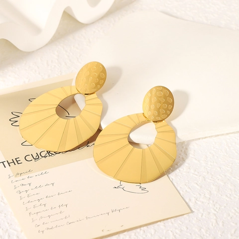 18K Gold Plated Stainless Steel Drop Earrings Hollow Water Drop Textured Sunburst Vintage Statement For Women