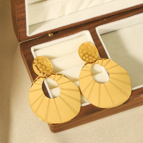 18K Gold Plated Stainless Steel Drop Earrings Hollow Water Drop Textured Sunburst Vintage Statement For Women