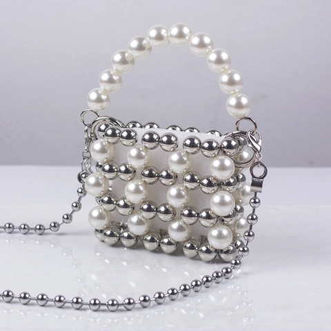Mini Bolso De Noche Tejido A Mano Perla Artificial Sintética Cuenta De Metal Bolso Bandolera Accesorio De Fiesta Elegante Para Mujer