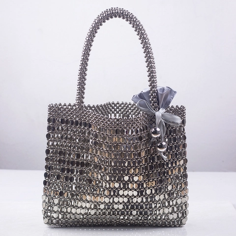 Handtasche Aus Acrylperlen Für Damen Vintage Handgefertigte Gewebte Metalloptik Shopper Mit Satin-Innentasche Schleifendekor Abendparty