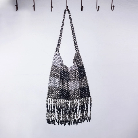 Handgefertigte Perlenhandtasche Acryl Schachbrettmuster Lange Fransen Abendparty Tasche Vintage Street Style Für Frauen