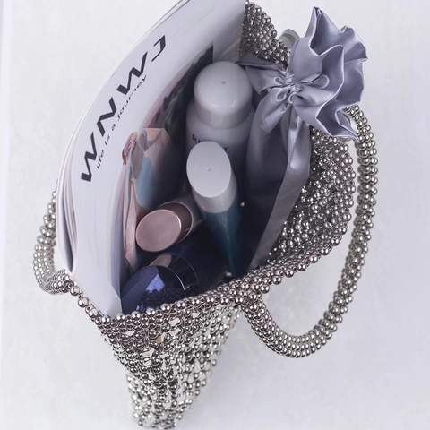 Handtasche Aus Acrylperlen Für Damen Vintage Handgefertigte Gewebte Metalloptik Shopper Mit Satin-Innentasche Schleifendekor Abendparty