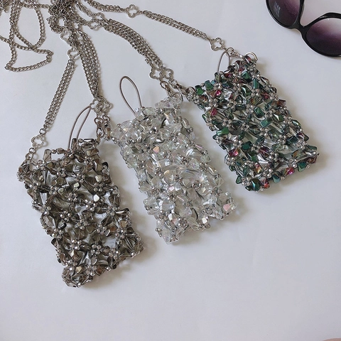 Borsa A Tracolla In Perline Fatta A Mano Per Cellulare Perle Di Cristallo Acrilico Cangianti Mini Quadrato Verticale Da Donna
