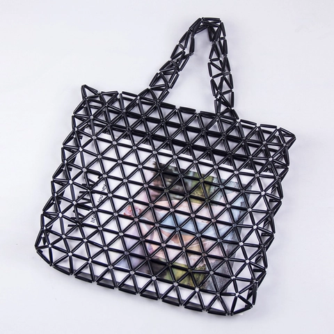 Sac Fourre-tout Tissé à La Hand En Perles Acrylique évidé Triangle Géométrique Sac à Main à Grande Capacité Pour Femmes