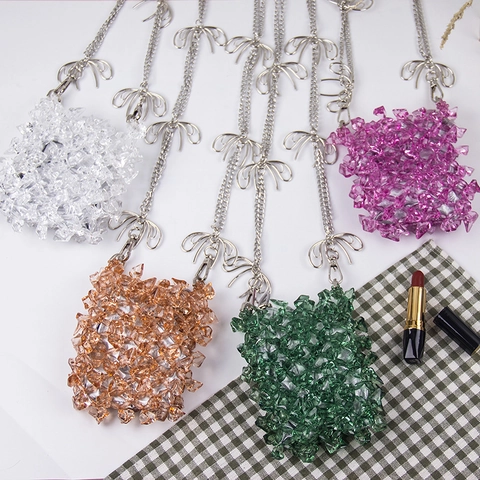 Handgefertigte Mini-Umhängetasche Aus Acrylperlen Für Damen Modische Transparente Kristall-Lippenstift-Handytasche Mit Bogenmetallkette