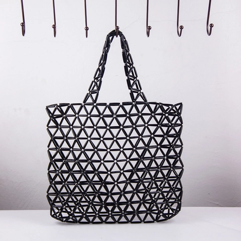 Sac Fourre-tout Tissé à La Hand En Perles Acrylique évidé Triangle Géométrique Sac à Main à Grande Capacité Pour Femmes