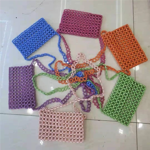 Handmade Acrylic Beaded Crossbody Bag Hollow Out Grid Candy Color Small Square Shoulder Handbag For Women