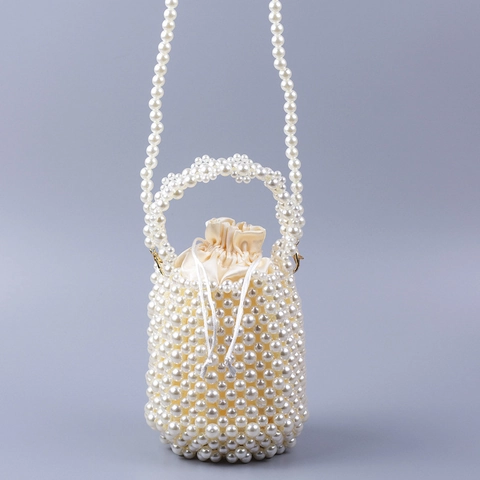 Handgefertigte Künstliche Perlen Eimer Tasche Satin Futter Kordelzug Hochzeit Abendparty Clutch Retro Elegant Für Damen