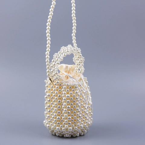 Handgefertigte Künstliche Perlen Eimer Tasche Satin Futter Kordelzug Hochzeit Abendparty Clutch Retro Elegant Für Damen
