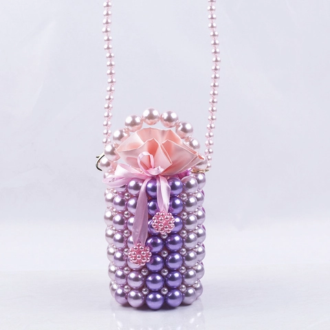 Handmade Beaded Artificial Pearl Bucket Bag Gradient Acrylic Handbag With Satin Drawstring For Wedding Evening Party Women