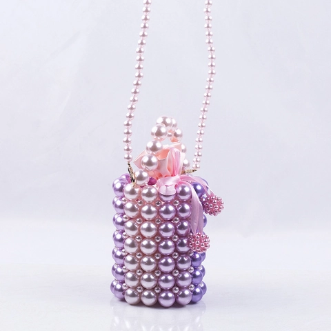 Handmade Beaded Artificial Pearl Bucket Bag Gradient Acrylic Handbag With Satin Drawstring For Wedding Evening Party Women