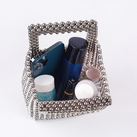 Handmade Beaded Acrylic Handbag Evening Clutch For Women Square Handle Woven Tote Bag Silver Transparent For Party Wedding