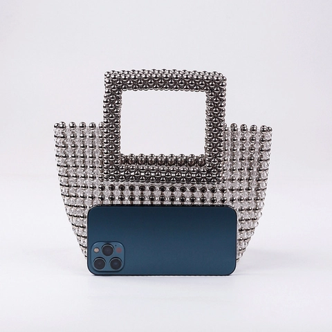 Handmade Beaded Acrylic Handbag Evening Clutch For Women Square Handle Woven Tote Bag Silver Transparent For Party Wedding