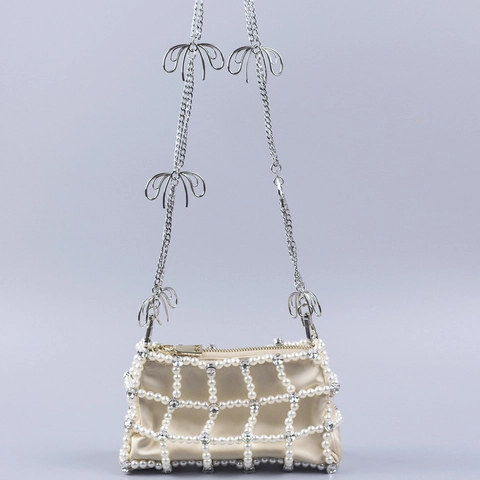 Sac À Bandoulière En Künstliche Perles Et Strass Avec Chaîne Papillon En Alliage Doublure Satin Élégant Sac À Main De Soirée