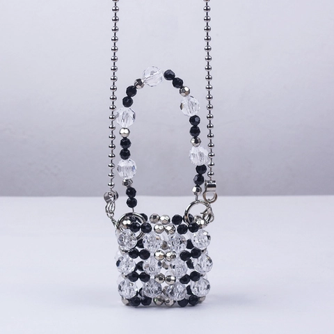 Handmade Mini Acrylic Beaded Handbag For Women Trendy Crystal Beads Crossbody Bag With Detachable Metal Chain Strap Fashion Accessory