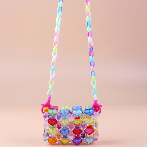 Mini Beaded Crossbody Bag Hand-Woven Acrylic Heart-Shaped Colorful Plastic Chain Strap Lipstick Case Y2K Accessory Women