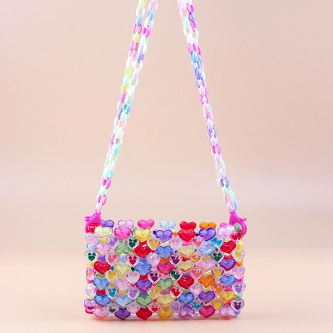 Acrylic Heart Shaped Beaded Crossbody Bag Handmade Woven Colorful Candy Color Mini Handbag Sweet Fashion Accessory