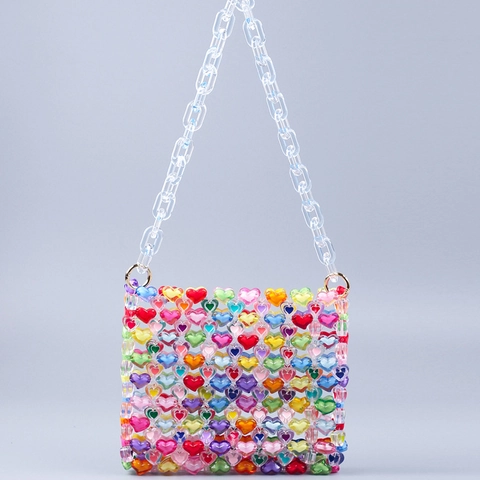 Handgefertigte Bunte Acryl Herz Perlen Schultertasche Für Damen Regenbogen Dopamin Stil Mode Handtasche Mit Klarer Kette