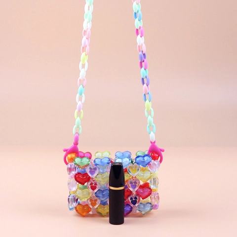 Mini Beaded Crossbody Bag Hand-Woven Acrylic Heart-Shaped Colorful Plastic Chain Strap Lipstick Case Y2K Accessory Women