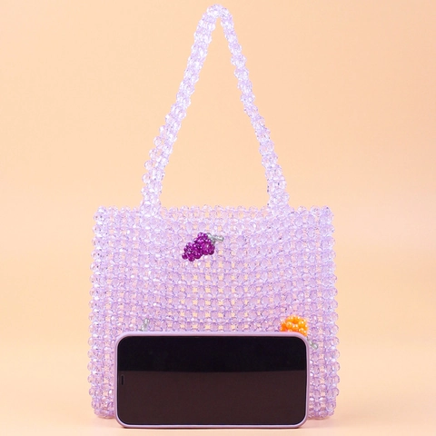 Handgefertigte Acryl Perlen Handtasche Mit Fruchtdekor Transparente Gewebte Tragetasche Für Damen Sommer Lila