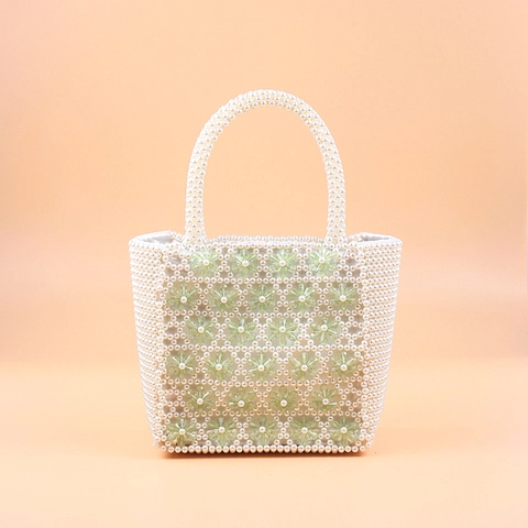 Handmade Beaded Handbag With Faux Artificial Pearl And Flower Acrylic Beads Retro Elegant Woven Tote Bag For Women