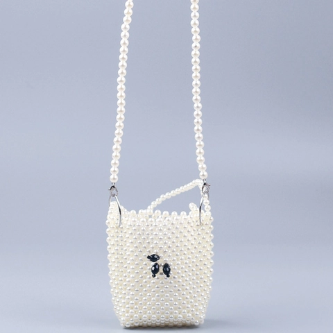 Handmade Beaded Mini Crossbody Bag Imitation Artificial Pearl Woven Handbag With Cute Poodle Pattern Elegant Casual Purse For Women