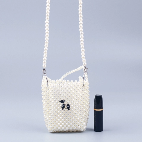 Handmade Beaded Mini Crossbody Bag Imitation Artificial Pearl Woven Handbag With Cute Poodle Pattern Elegant Casual Purse For Women