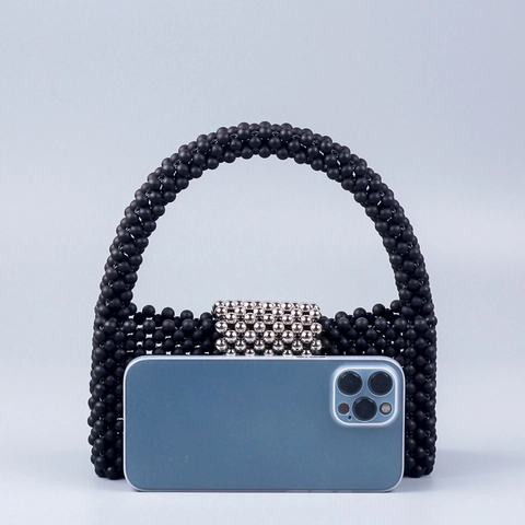 Borsa A Mano In Perline Acriliche Fatta A Mano Retro Nero Argento Contrasto Festa Serale Borsa Per Donna Moda Street Style