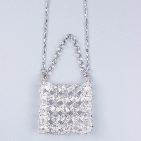 Transparent Acrylic Crystal Beaded Mini Crossbody Bag Handmade Woven Square Handbag With Silver Metal Chain For Women