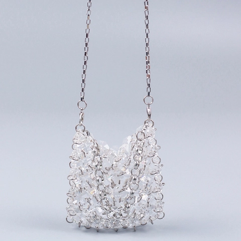 Transparent Acrylic Crystal Beaded Mini Crossbody Bag Handmade Woven Square Handbag With Silver Metal Chain For Women