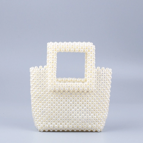 Women Handmade Faux Pearl Beaded Handbag Vintage Woven Acrylic Beaded Clutch Bag For Wedding Party Banquet Elegant Tote Bag