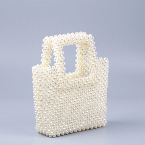 Women Handmade Faux Pearl Beaded Handbag Vintage Woven Acrylic Beaded Clutch Bag For Wedding Party Banquet Elegant Tote Bag