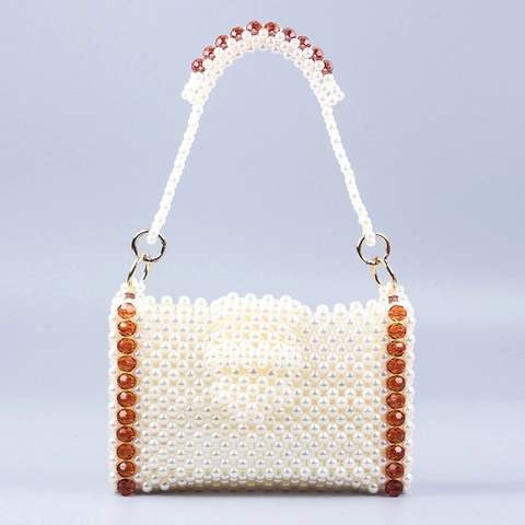 Handmade Beaded Handbag Faux Artificial Pearl Acrylic Beads Handwoven Rectangular Retro Fashion Evening Purse For Women