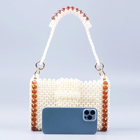 Handmade Beaded Handbag Faux Artificial Pearl Acrylic Beads Handwoven Rectangular Retro Fashion Evening Purse For Women